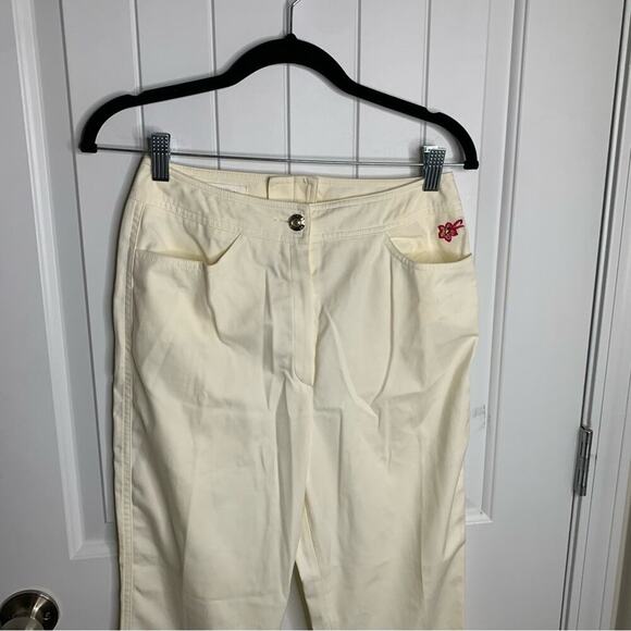 Escada floral Hawaii tropical embroidered‎ pleated front white pants size 26 - Picture 6 of 11